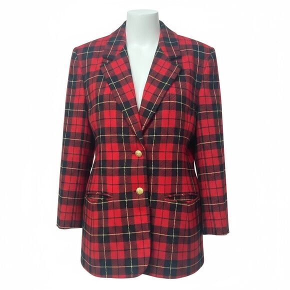 Vintage Pendleton Classic Red & Black Plaid 100% Virgin Wool Blazer Women's 14US - Picture 1 of 13